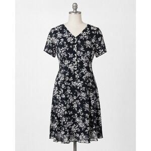 Vintage Y2K Amanda Smith Floral Midi Dress Size 16 Black‎ White Button Front NWT
